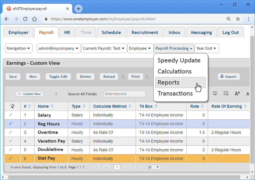 Payroll module - employee earnings screen