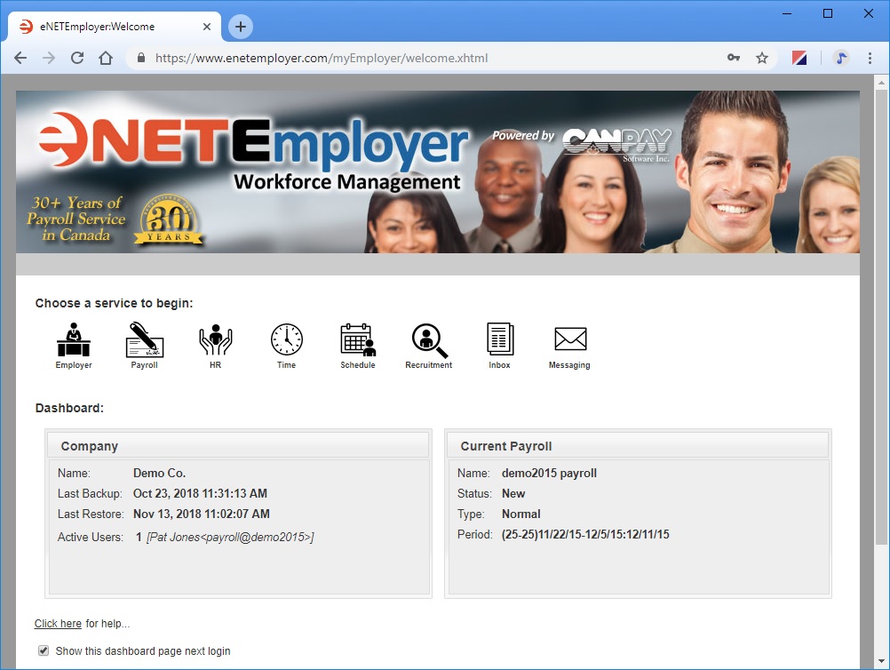 eNETEmployer Payroll and HR Welcome Screen